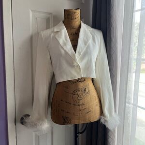 White Cropped Blazer with Feather Cuffs